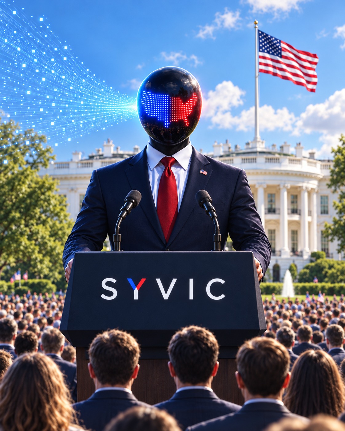 An AI figure at a SYVIC lectern in front of the White House